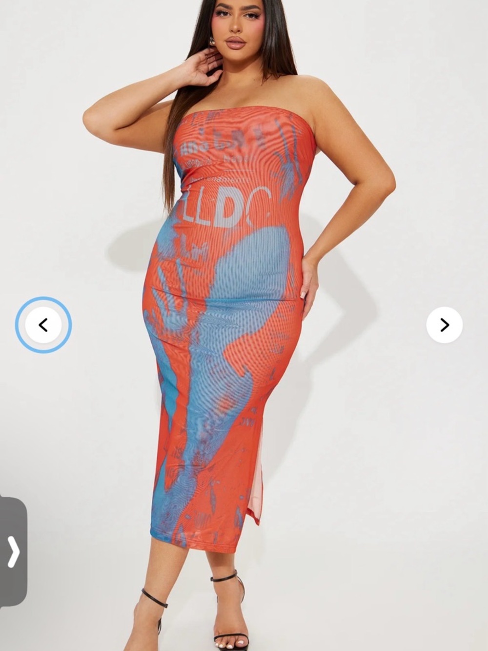 Fashion Nova Orange & Blue Strapless Bodycon Midi Dress
